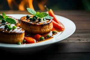 a plate of food with meat and vegetables on a table. AI-Generated photo