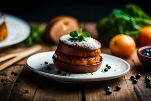 a plate with a dessert on it and some vegetables. AI-Generated photo