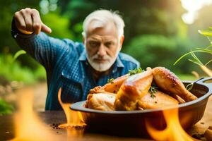 an older man is holding a chicken in a pan on a fire. AI-Generated photo