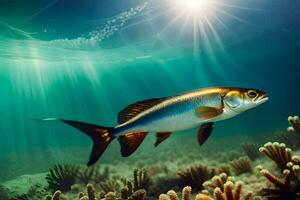un pescado nadando en el Oceano con luz de sol brillante en él. generado por ai foto