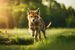 un rojo perro corriendo mediante un herboso campo. generado por ai foto