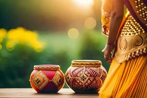 a woman in a traditional indian dress is holding two colorful pots. AI-Generated photo