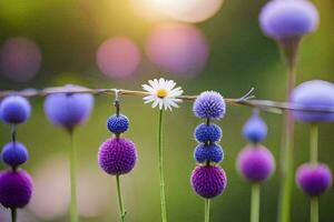 purple and blue flowers on a wire fence. AI-Generated photo