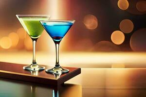 two martinis on a bar counter with bokeh lights. AI-Generated photo