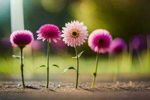 pink flowers in the ground with a blurry background. AI-Generated photo