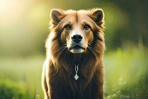 a lion is standing in the grass with a necklace. AI-Generated photo