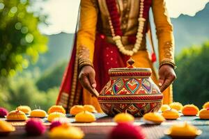 a man in traditional indian attire is holding a pot. AI-Generated photo