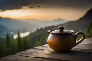 a teapot on a wooden table in the mountains. AI-Generated photo