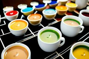 a tray of cups with different colored candles. AI-Generated photo