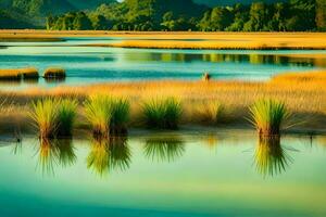 a marsh with grass and water in the foreground. AI-Generated photo