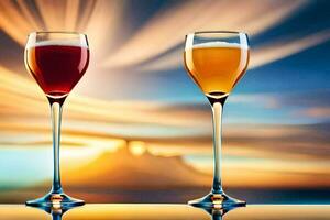 two glasses of wine with a sunset in the background. AI-Generated photo