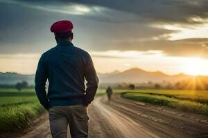 un hombre en un rojo boina camina abajo un suciedad la carretera. generado por ai foto