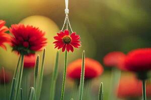 red flowers hanging from a chain in a field. AI-Generated photo