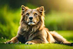 a lion is laying on the grass in the sun. AI-Generated photo