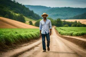 un hombre en un sombrero camina abajo un suciedad la carretera. generado por ai foto