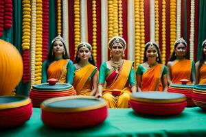 un grupo de mujer en saris sentado alrededor un mesa con vistoso bochas. generado por ai foto