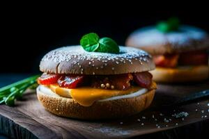 dos hamburguesas con queso y Tomates en un de madera tablero. generado por ai foto