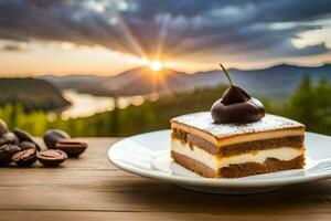 un rebanada de pastel con un Cereza en cima. generado por ai foto