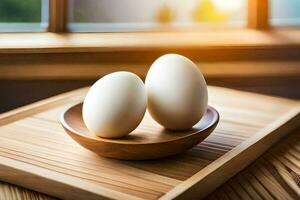 two eggs on a wooden tray in front of a window. AI-Generated photo