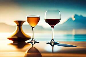 two wine glasses and a vase of wine on a table. AI-Generated photo