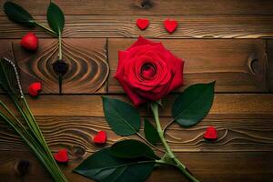 a red rose and hearts on a wooden table. AI-Generated photo