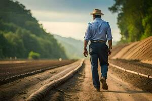 a man in a hat walks down a dirt road. AI-Generated photo