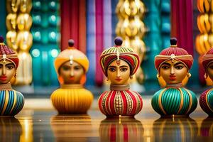 indio muñecas en un fila en un mesa. generado por ai foto