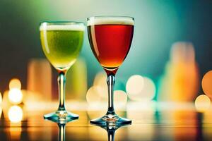 two glasses of different colored drinks on a table. AI-Generated photo
