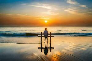 un hombre soportes en un banco a el playa a puesta de sol. generado por ai foto