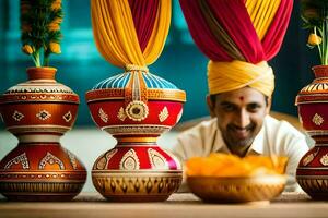 a man in a turban is sitting next to colorful vases. AI-Generated photo