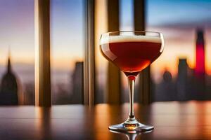 un vaso de rojo vino sentado en un mesa en frente de un paisaje urbano generado por ai foto