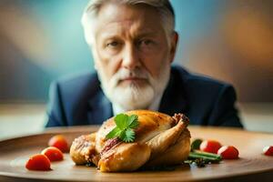 an older man in a suit and tie sits at a table with a chicken on it. AI-Generated photo