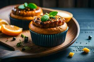 two cupcakes with orange slices and herbs on a wooden tray. AI-Generated photo