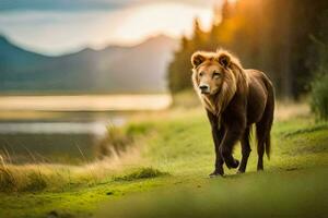 a lion walking across a grassy field at sunset. AI-Generated photo