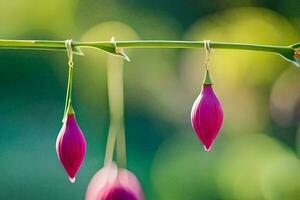 two pink flowers hanging from a plant. AI-Generated photo