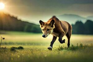 un lobo corriendo en el césped a puesta de sol. generado por ai foto