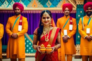 un novia en tradicional indio atuendo participación un oro objeto. generado por ai foto