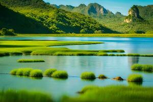 a lake surrounded by grass and mountains. AI-Generated photo