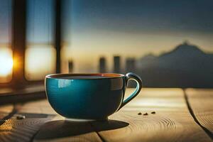 a cup of coffee on a wooden table in the morning. AI-Generated photo