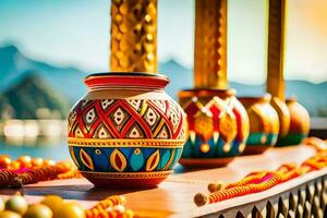 colorful vases on a wooden table with mountains in the background. AI-Generated photo