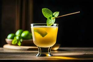 a cocktail with lime and mint on a wooden table. AI-Generated photo