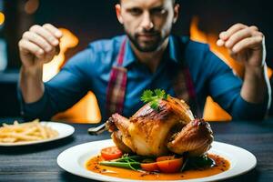 a man is holding up his fist in front of a chicken. AI-Generated photo