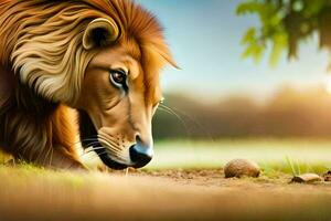 a lion is walking in the grass with a ball. AI-Generated photo