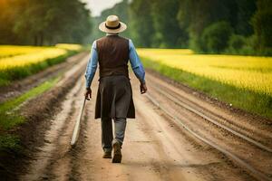 a man in a hat and vest walking down a dirt road. AI-Generated photo