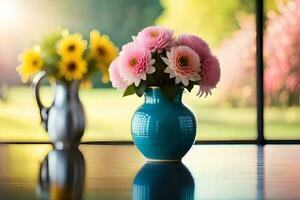 two vases with flowers sitting on a table. AI-Generated photo