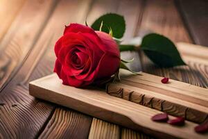 un soltero rojo Rosa en un de madera corte tablero. generado por ai foto