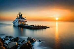 a yacht docked at sunset in the ocean. AI-Generated photo