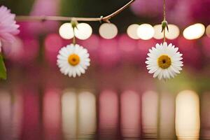 two daisies hanging from a branch over water. AI-Generated photo
