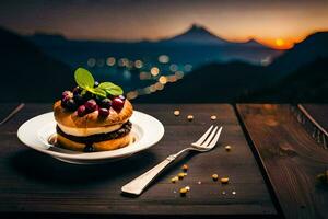 un postre en un plato con un tenedor y cuchillo. generado por ai foto