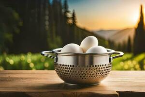 eggs in a colander on a table. AI-Generated photo